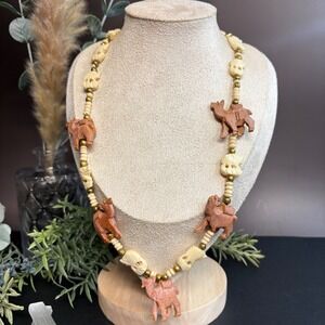 Vintage Wood Bone Camel Necklace | Boho Carved Beads | Desert Animal Jewelry